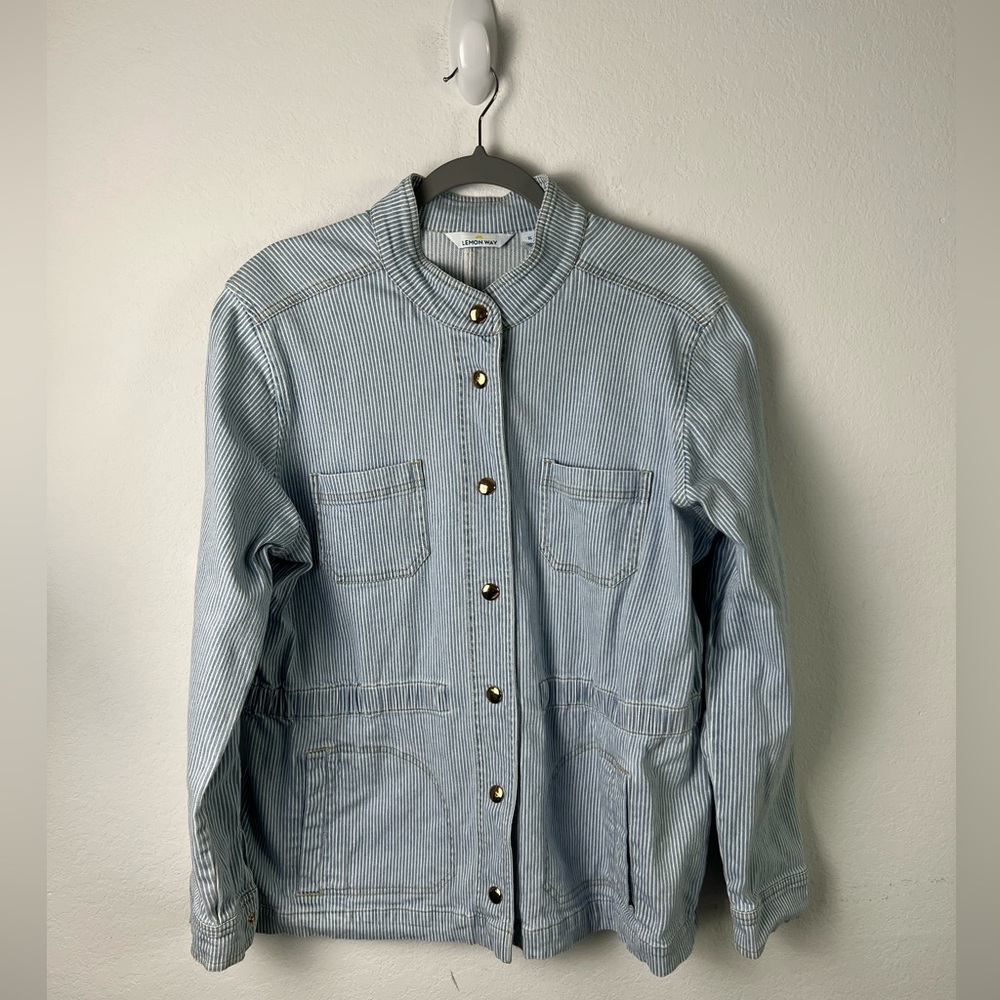 Lemon Way Blue White Striped Cotton Spandex Denim Jean Jacket Travel Vacation